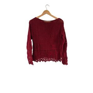 Vintage Women's Jeanne Pierre Red Crochet Y2K Long Sleeve Pullover Med.